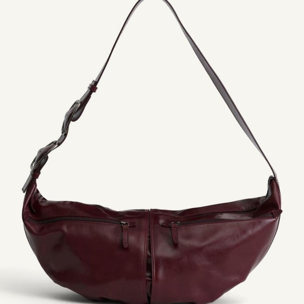 ZARA Large Burgundy Leather Crescent Shoulder Bag Double Buckle Strap Zip  close